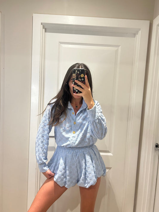 Baby Blue Towelling Square Print Shirt And Bloomer Shorts Suit