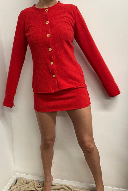 Red Gold Button Cardigan And Skirt Suit
