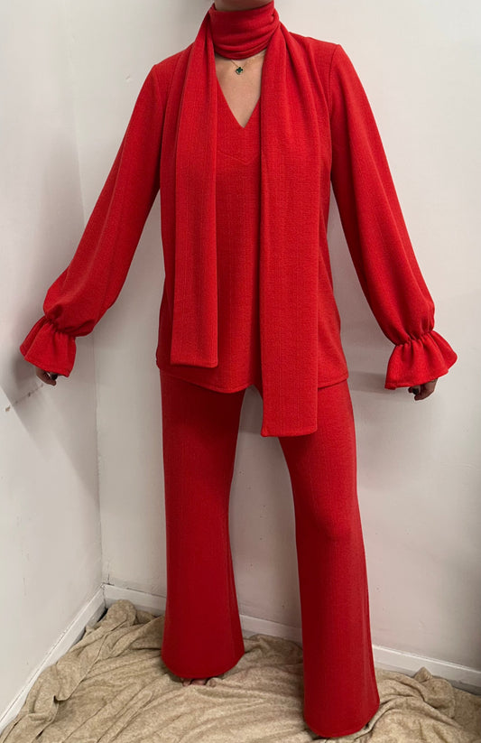 Red V Neck Oversized Scarf Lounge Suit