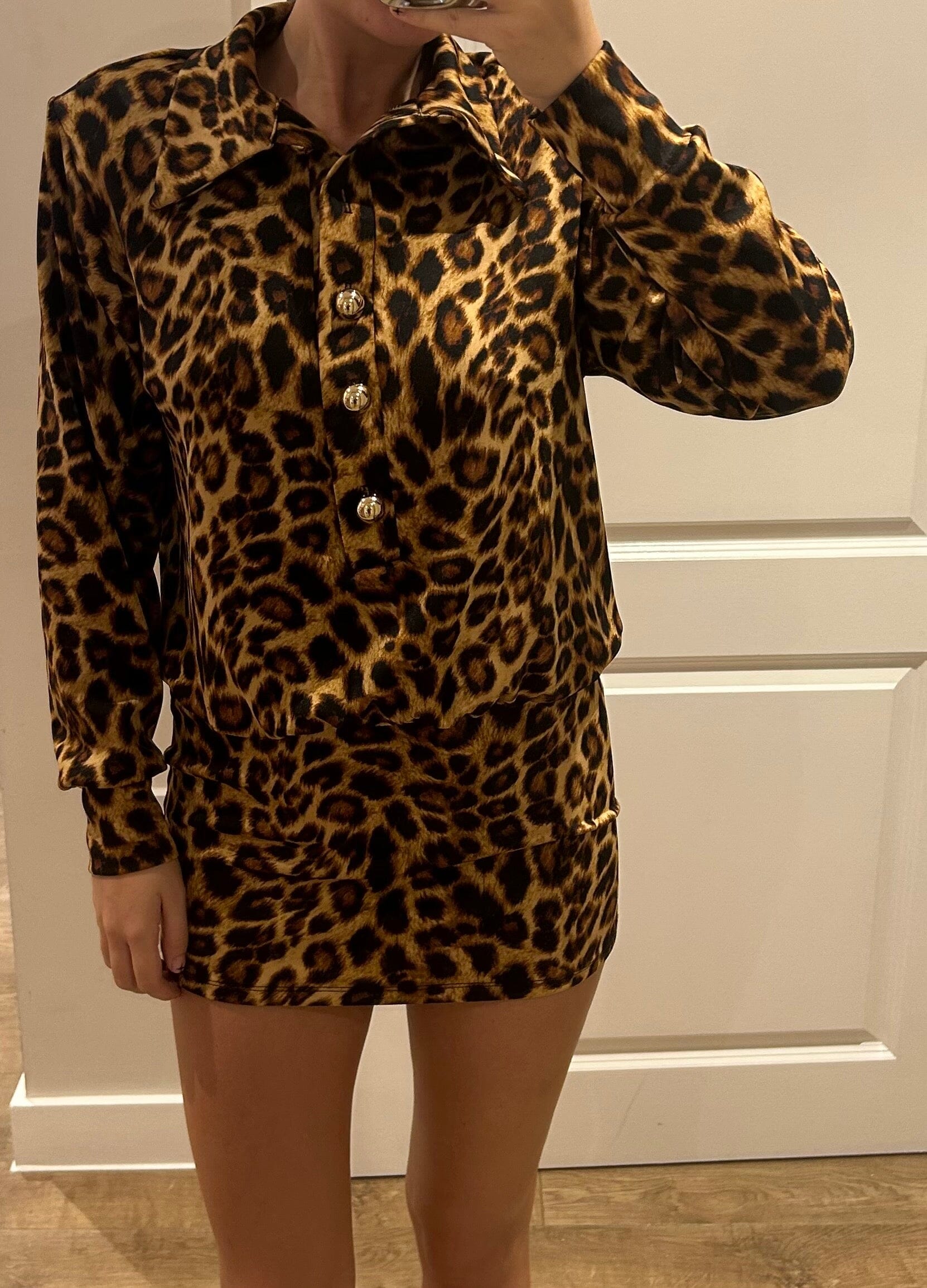 Leopard Gold Button Shirt Dress John Zack Leopard Gold Button Shirt Dress John Zack