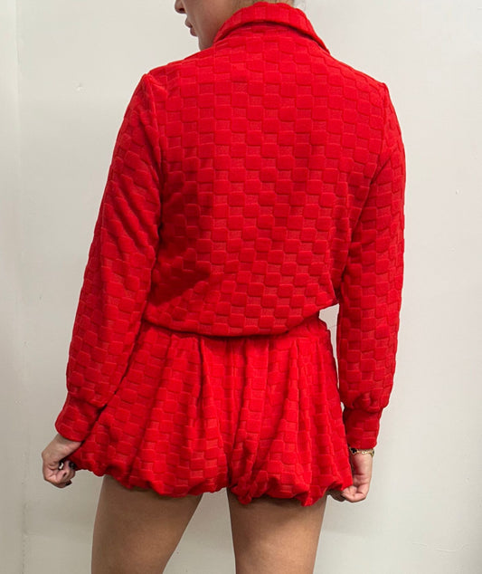 Red Towelling Square Print Shirt And Bloomer Shorts Suit