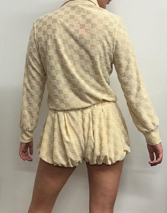 Cream Towelling Square Print Shirt And Bloomer Shorts Suit