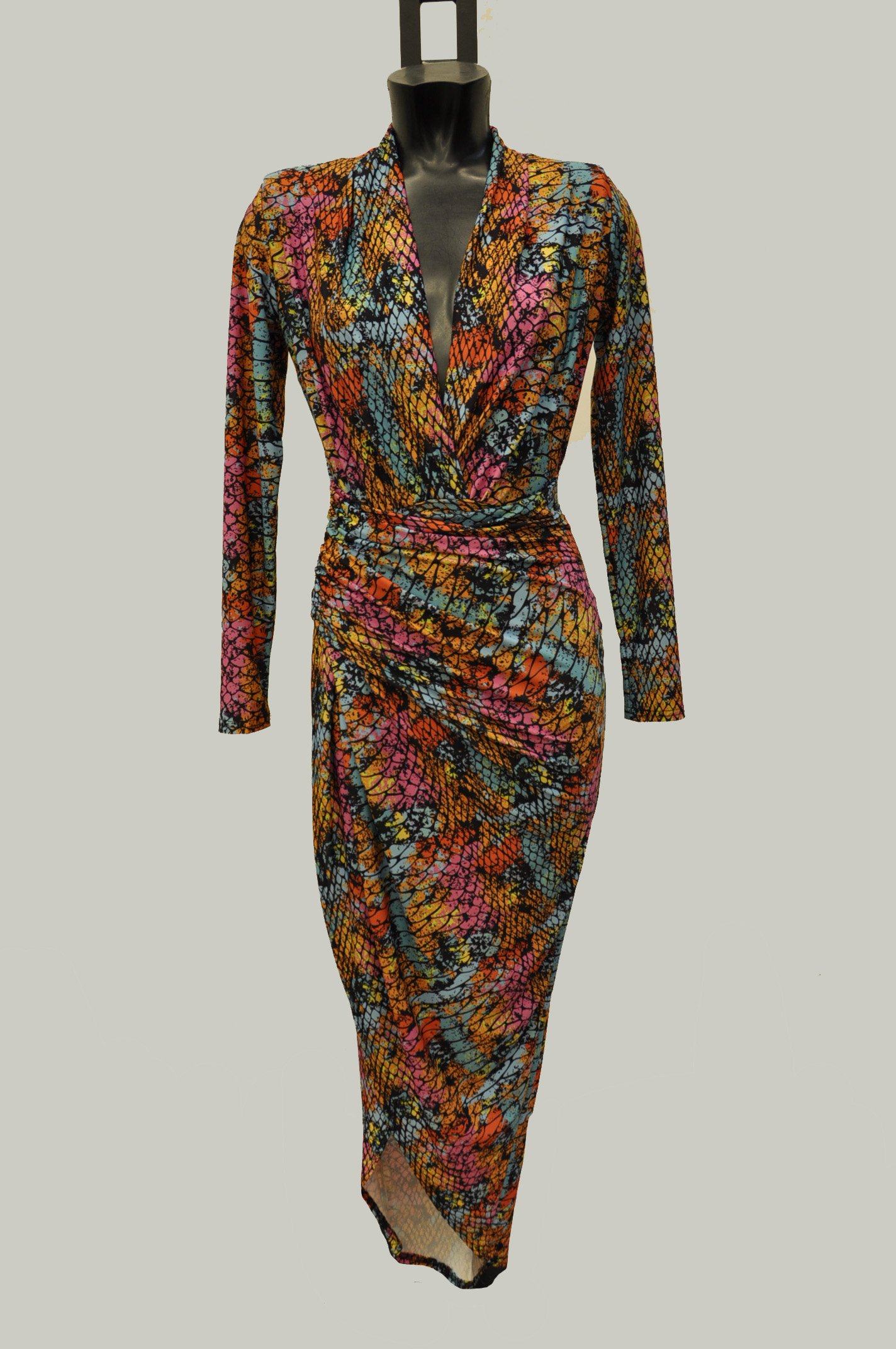 Long Sleeve Wrap Front Maxi Dress in Colourful Snake Print John Zack Long Sleeve Wrap Front Maxi Dress in Colourful Snake Print John Zack