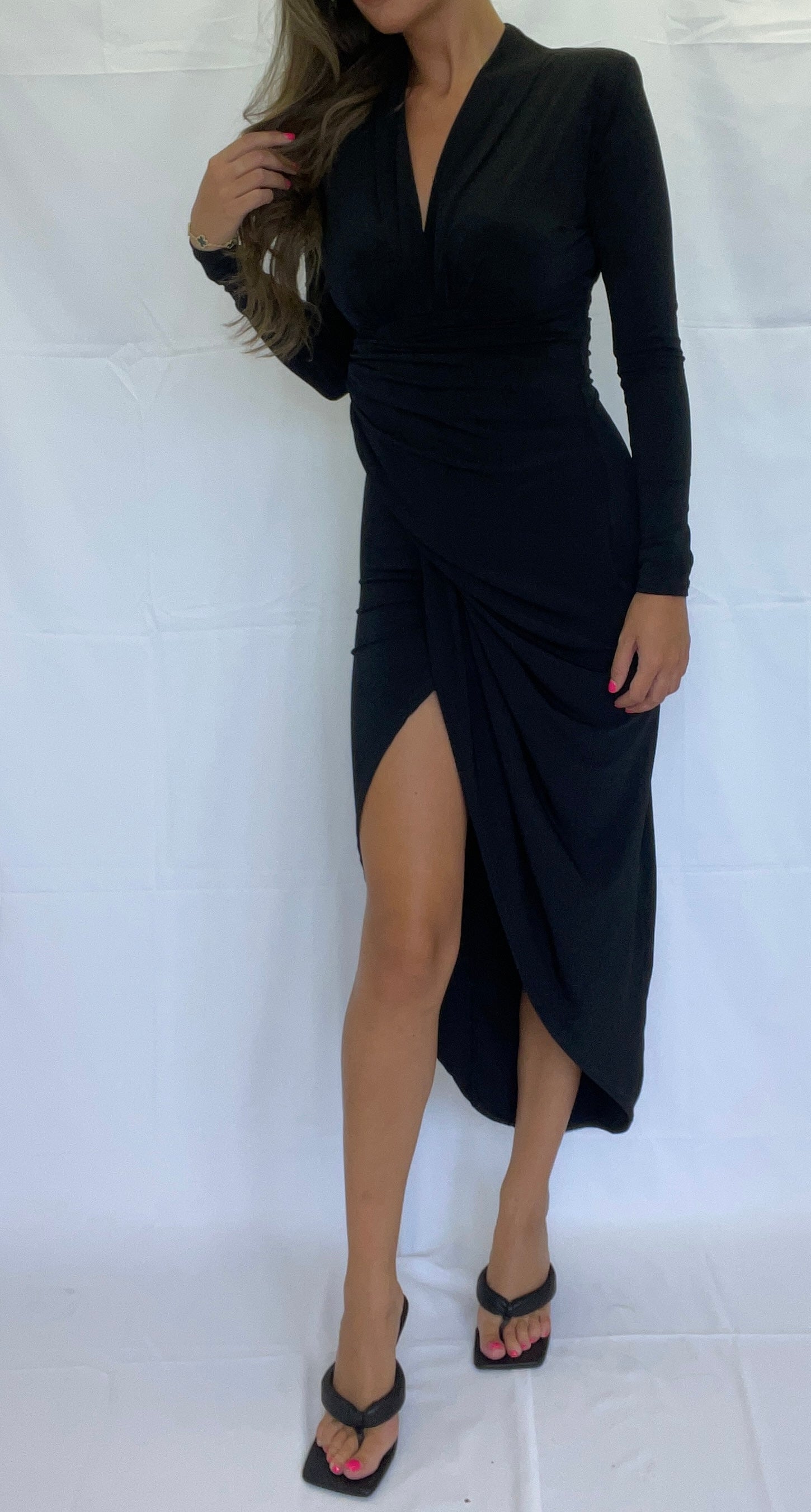 Long Sleeve Wrap Front Maxi Dress in Black | John Zack Long Sleeve Wrap Front Maxi Dress in Black | John Zack