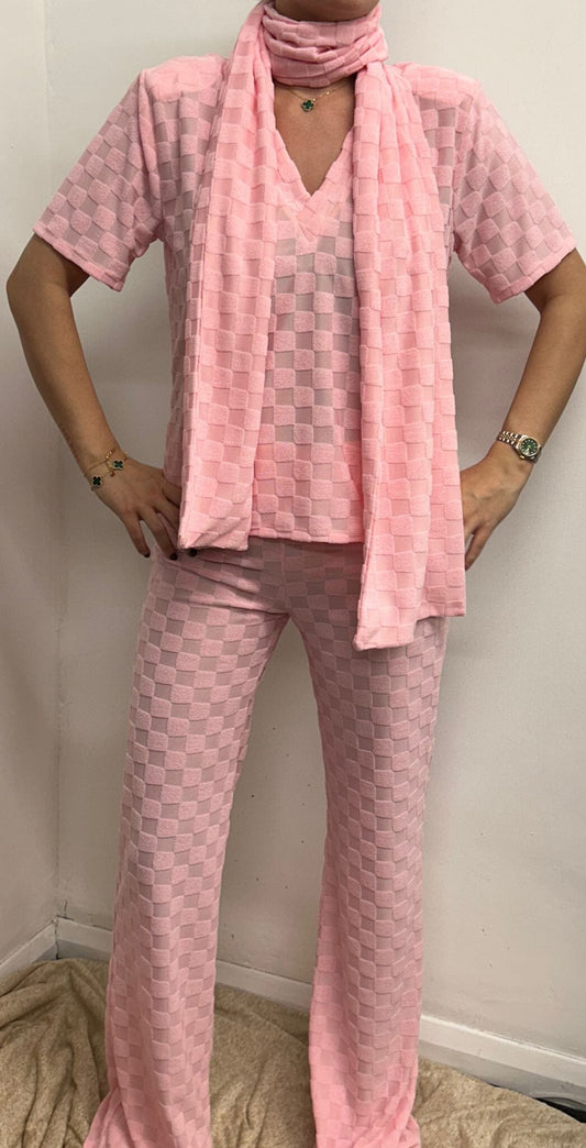 Baby Pink T-Shirt Towelling Square Print Scarf Suit