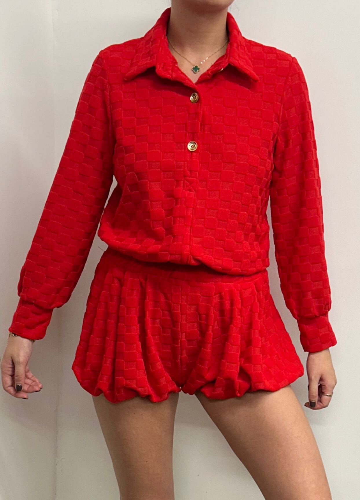 Red Towelling Square Print Shirt And Bloomer Shorts Suit