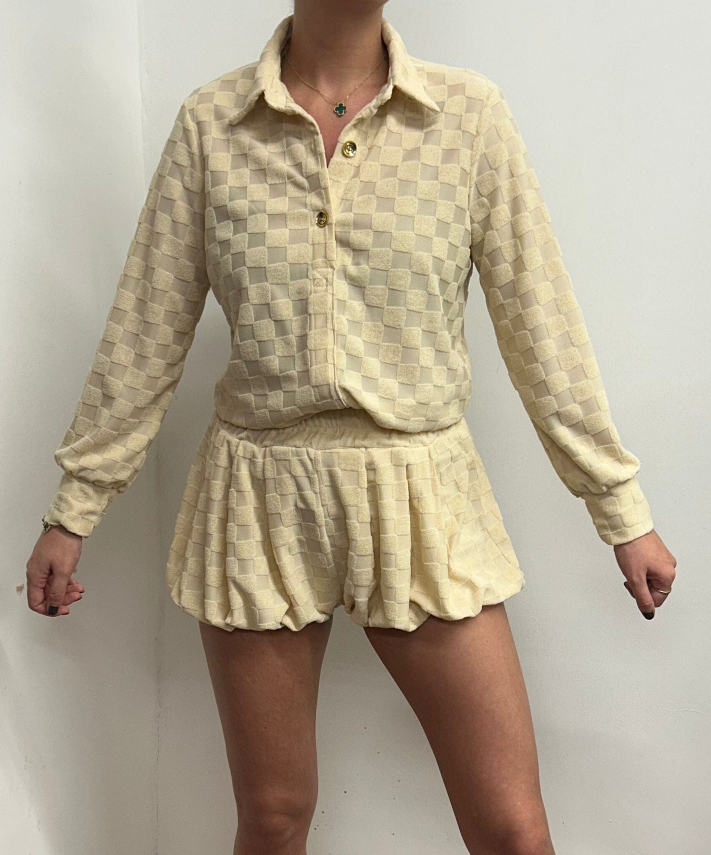 Cream Towelling Square Print Shirt And Bloomer Shorts Suit