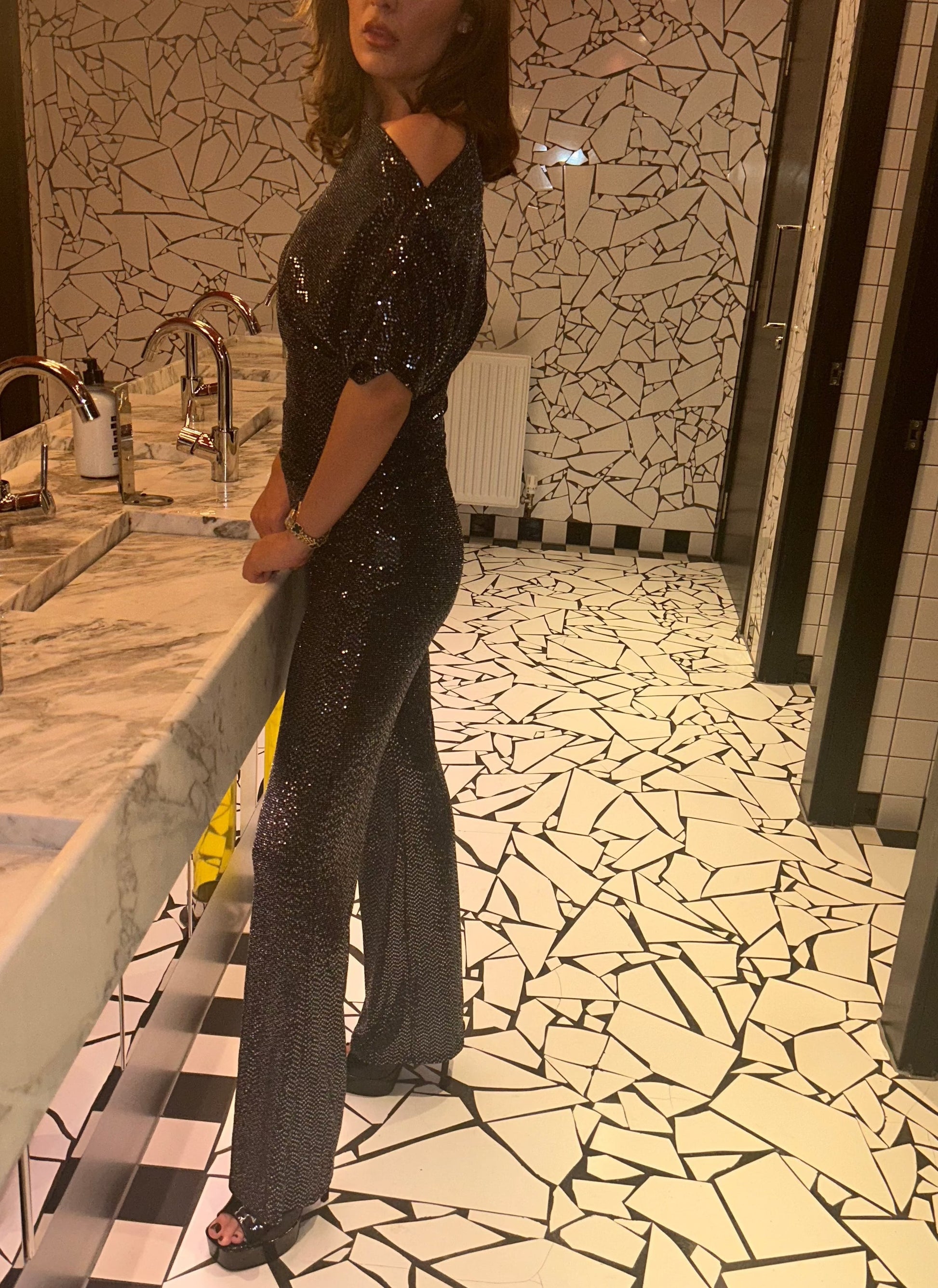 Silver Sequin Ruch Top and Trouser Suit