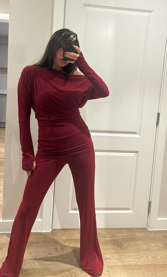 Wine Off Shoulder Suit