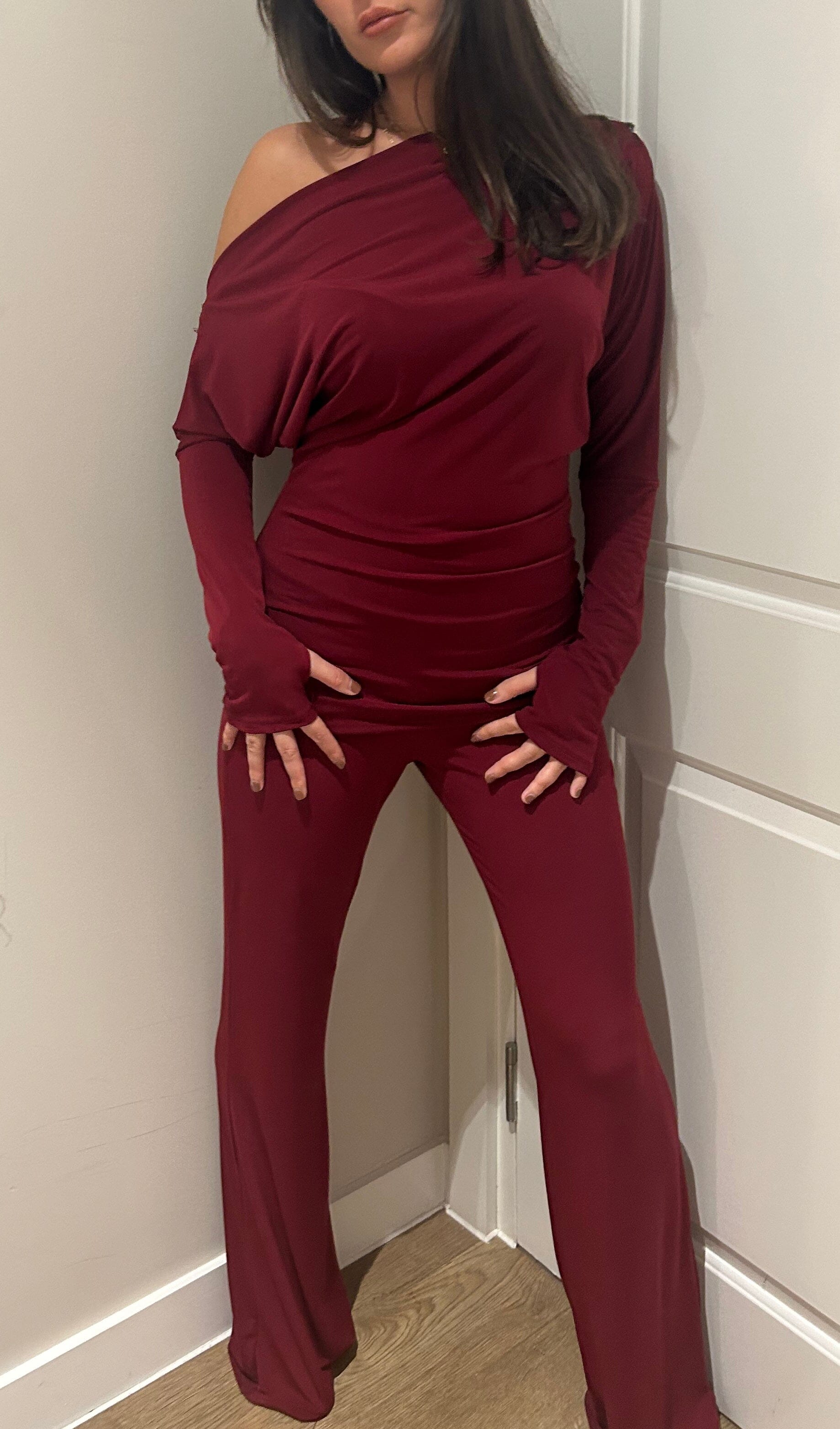 Wine Off Shoulder Suit