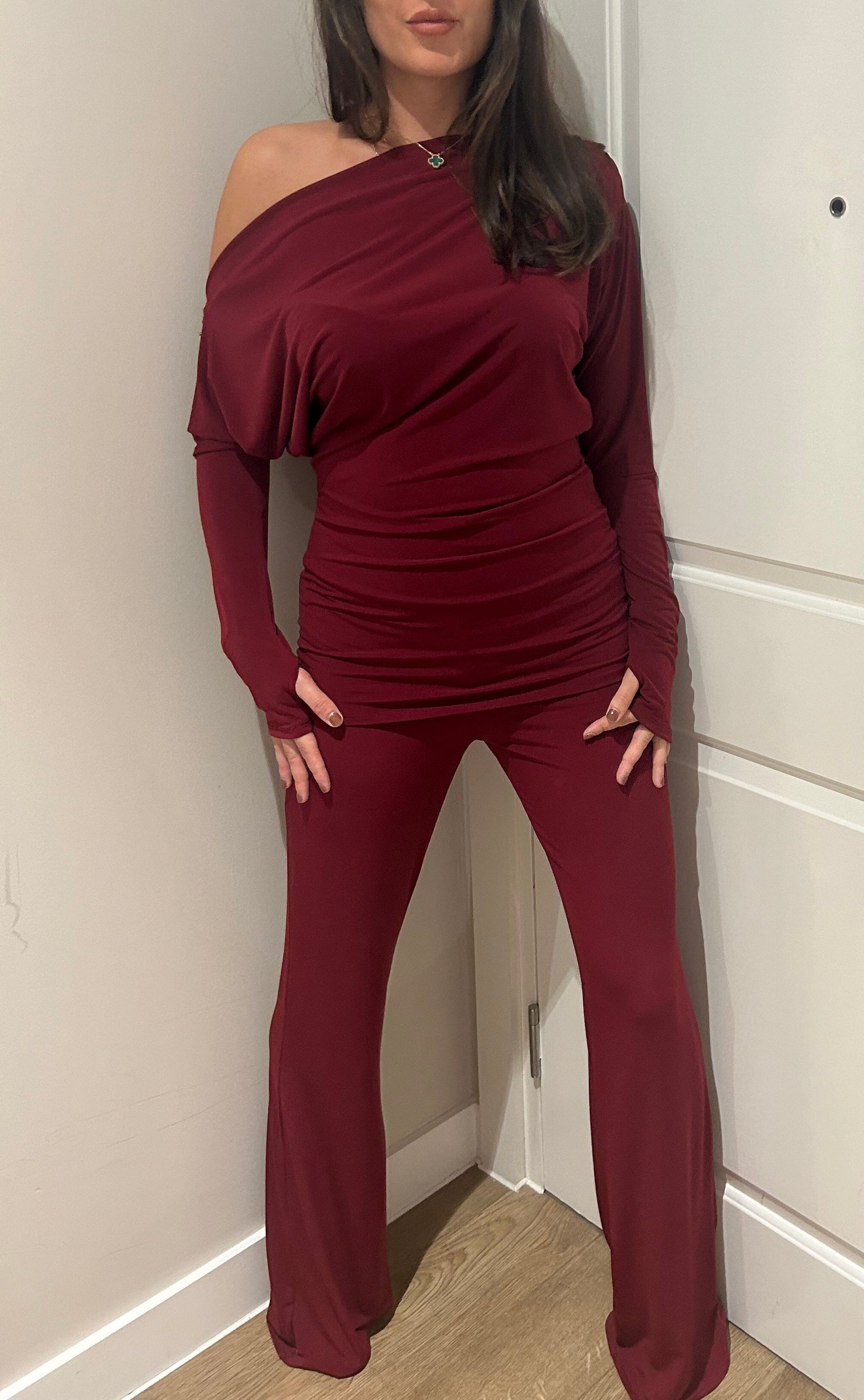 Wine Off Shoulder Suit