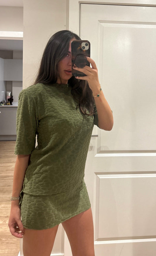 Khaki Terry Towelling Pebble Print T-shirt & Mini Skirt