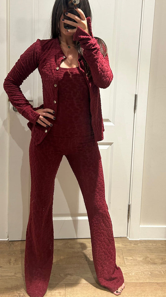 Wine Terry Towelling Pebble Print Cardigan Lounge Suit