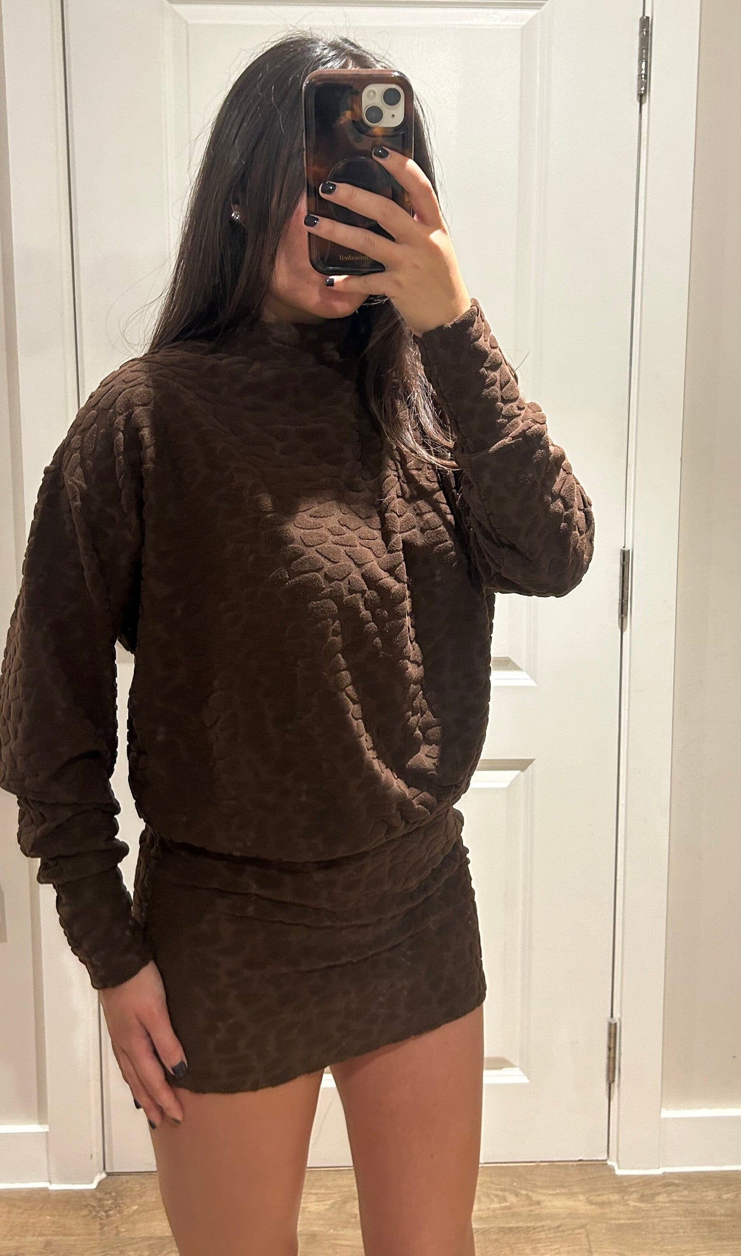 Chocolate Terry Towelling Pebble Polar Neck Dress