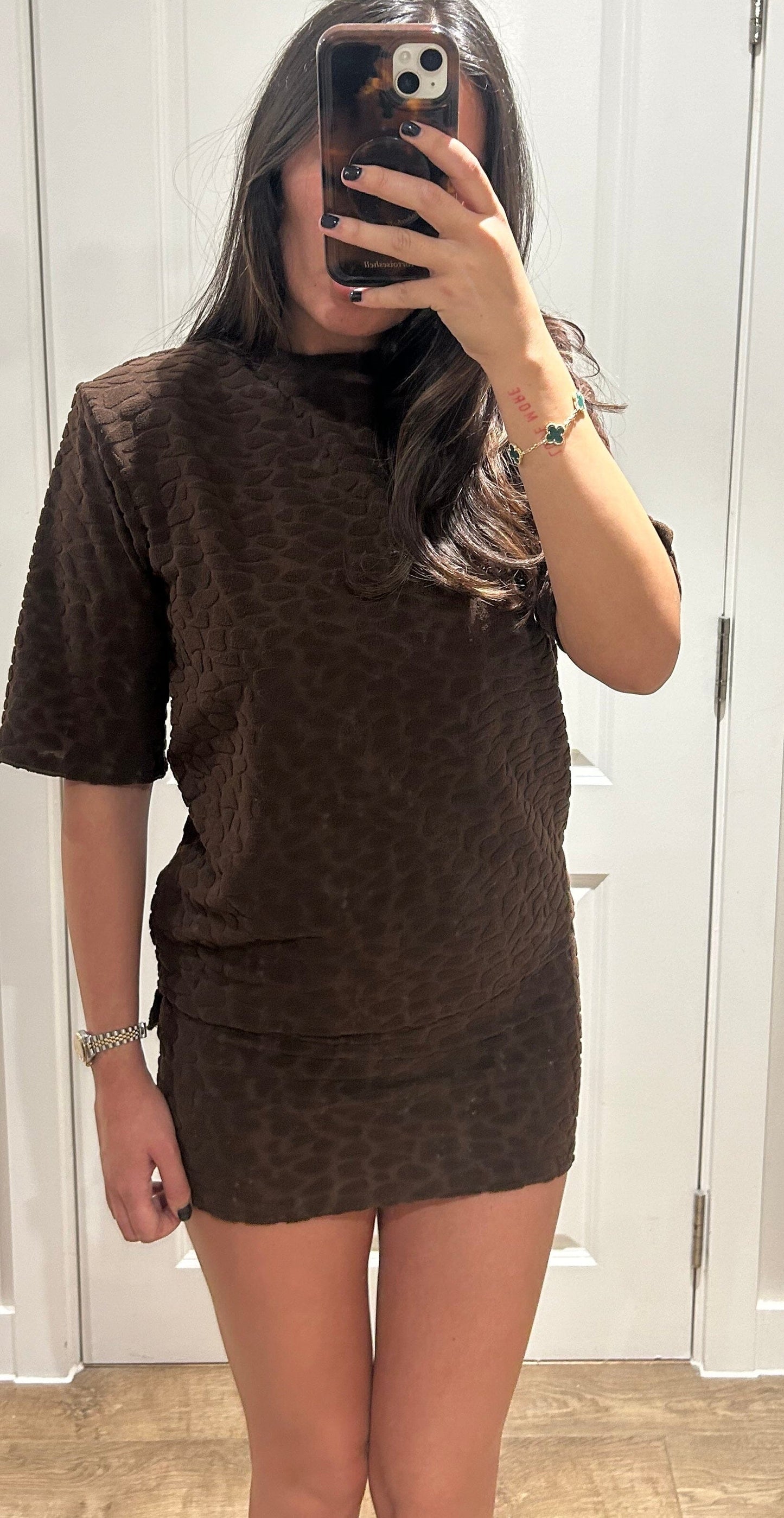 Chocolate Terry Towelling Pebble Print T-shirt & Mini Skirt