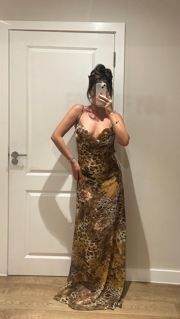 Mesh Leopard Floral Cowl Neck Maxi Dress John Zack