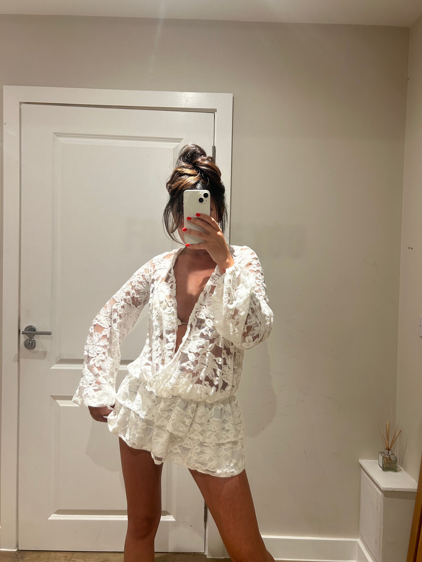 Lace Ruffle Mini V Neck Dress
