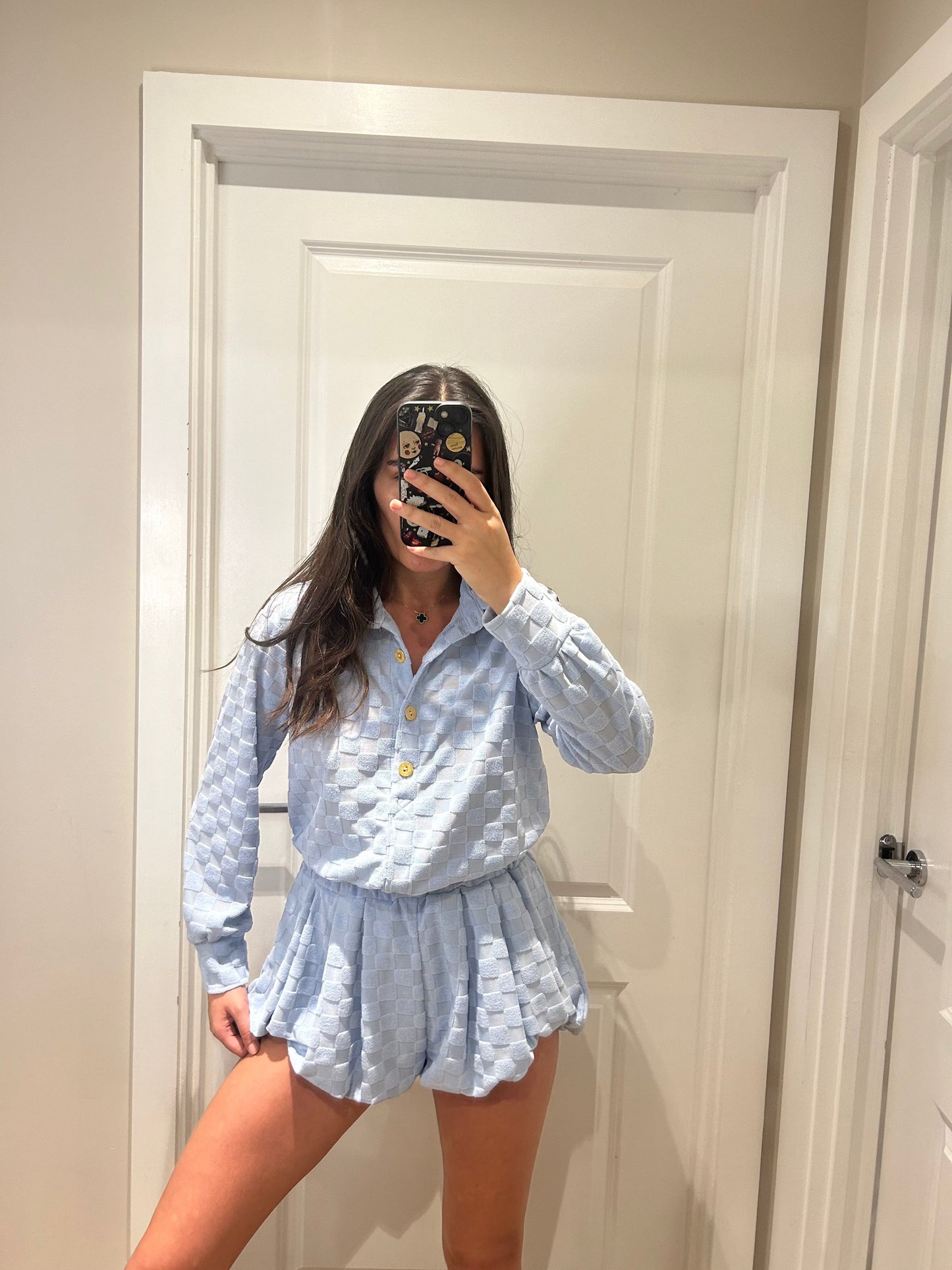 Baby Blue Towelling Square Print Shirt And Bloomer Shorts Suit