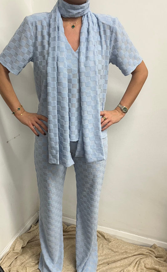Baby Blue T-Shirt Towelling Square Print Scarf Suit