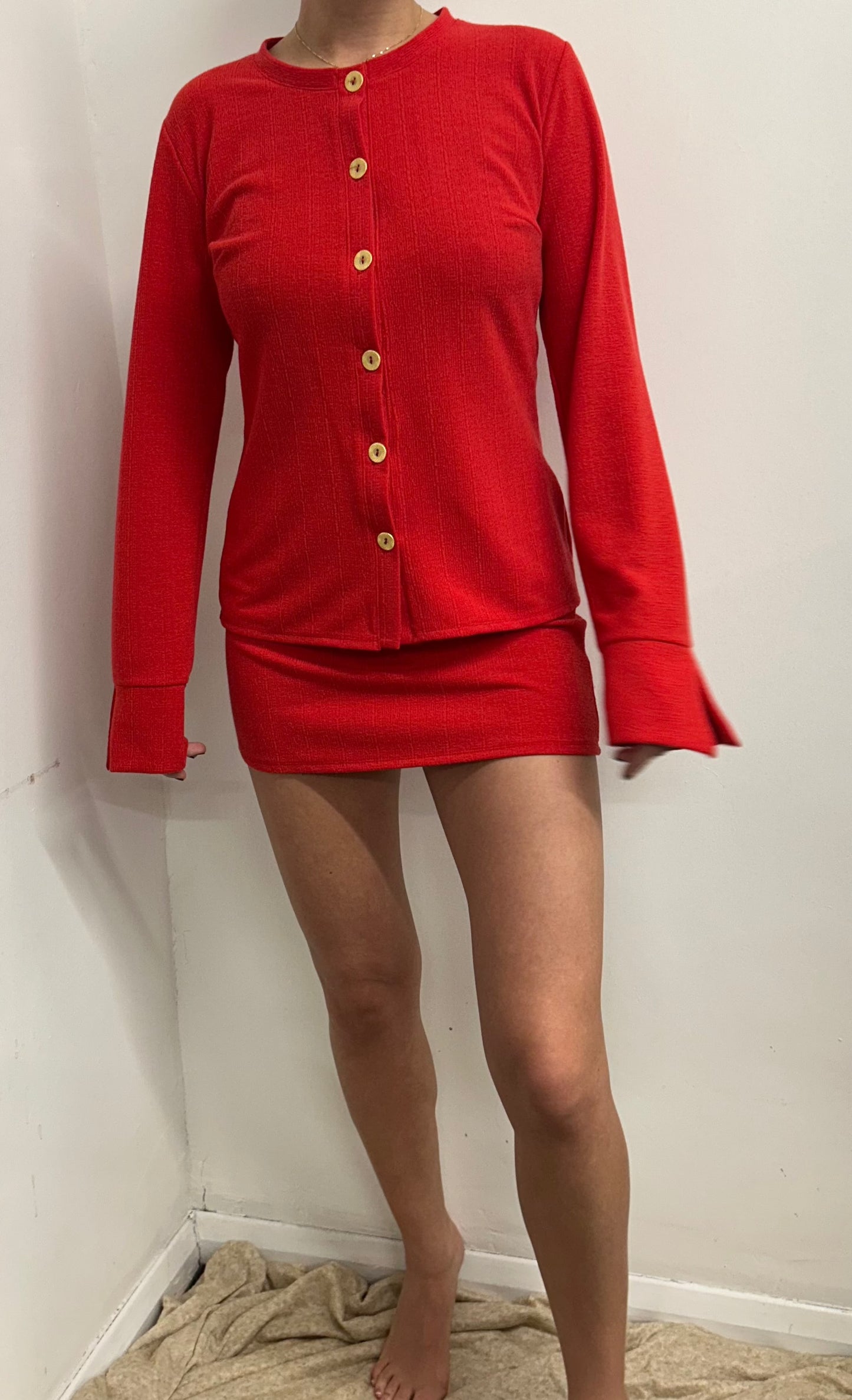 Red Gold Button Cardigan And Skirt Suit