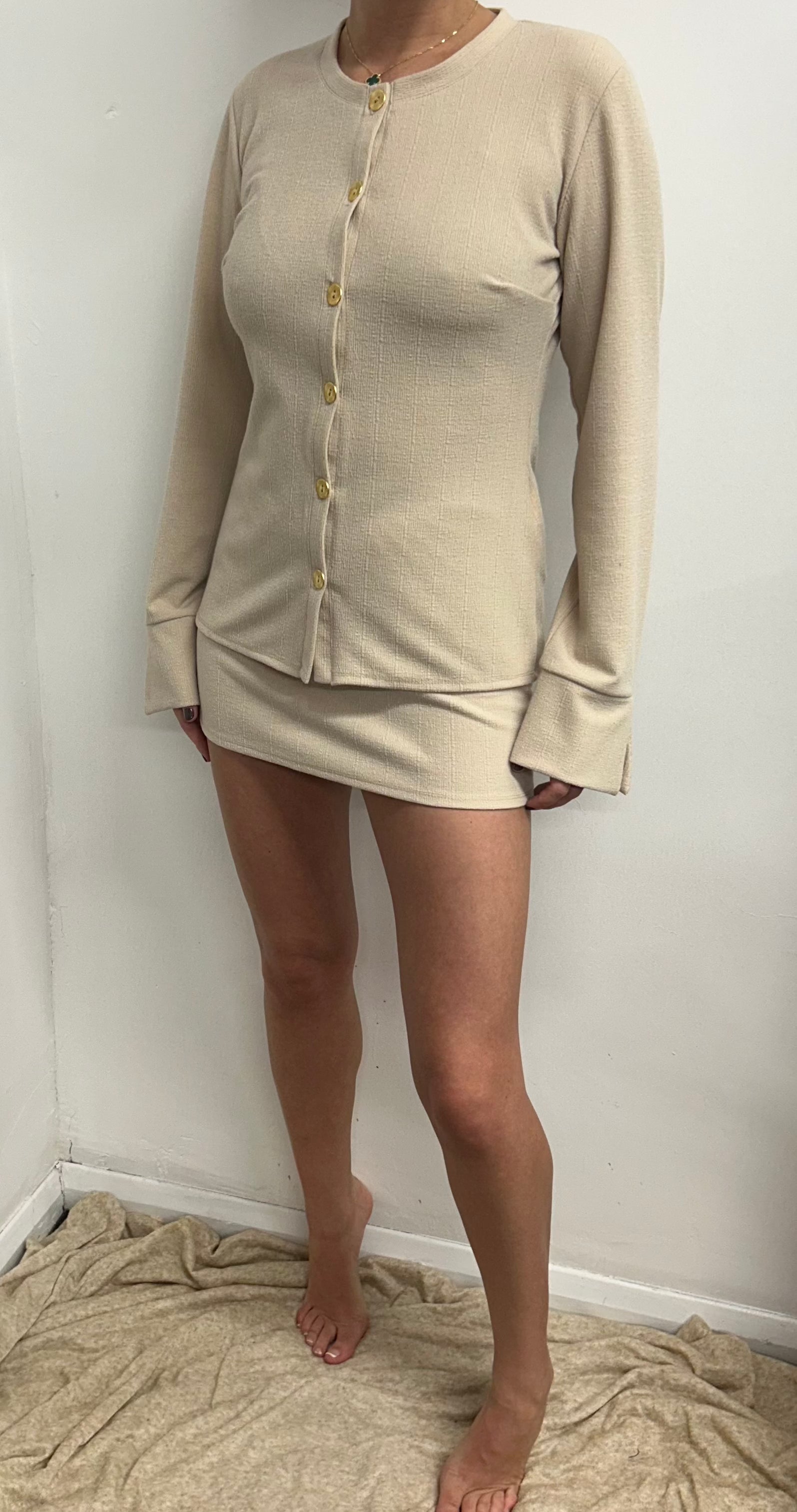 Cream Gold Button Cardigan And Skirt Suit