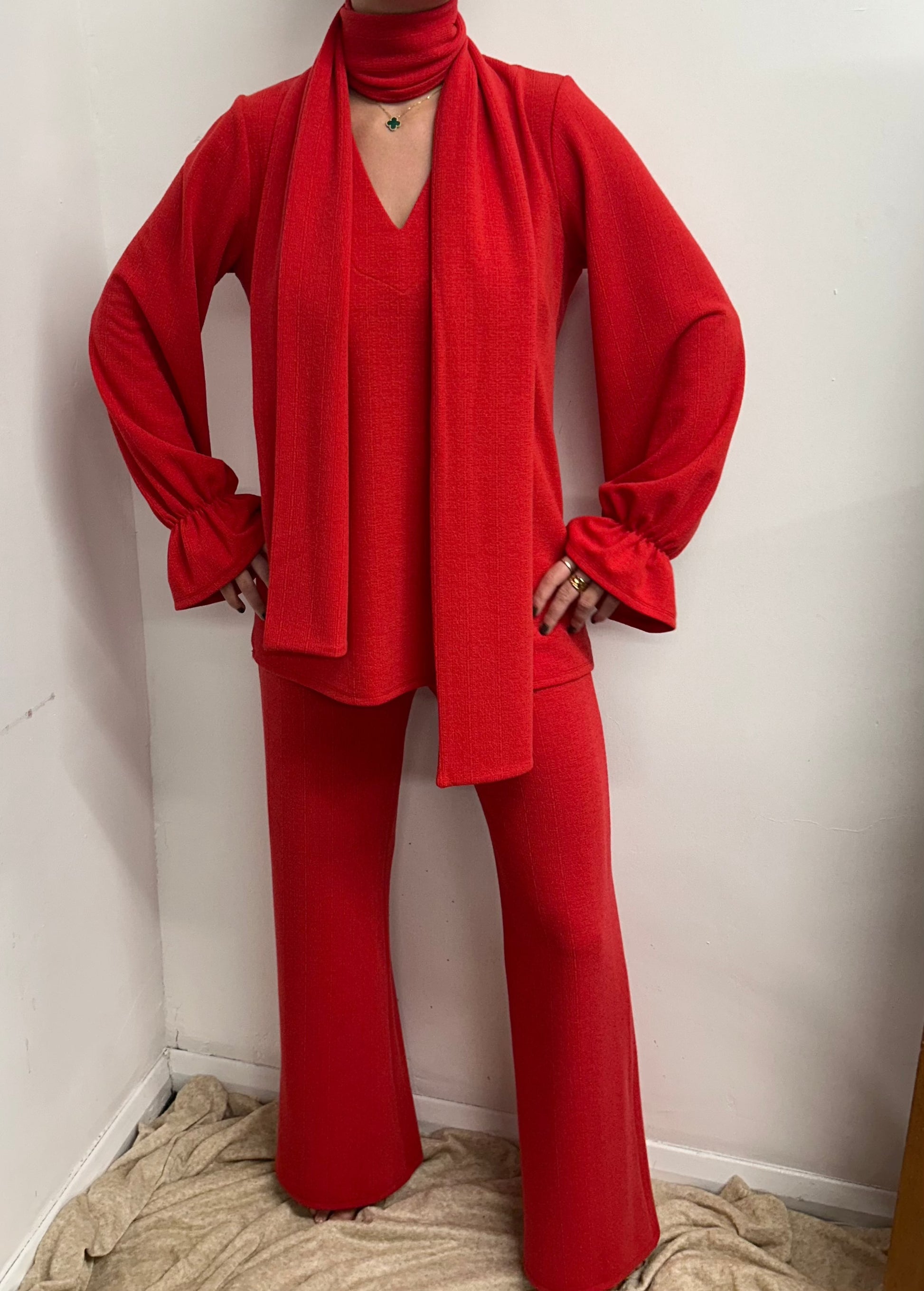 Red V Neck Oversized Scarf Lounge Suit
