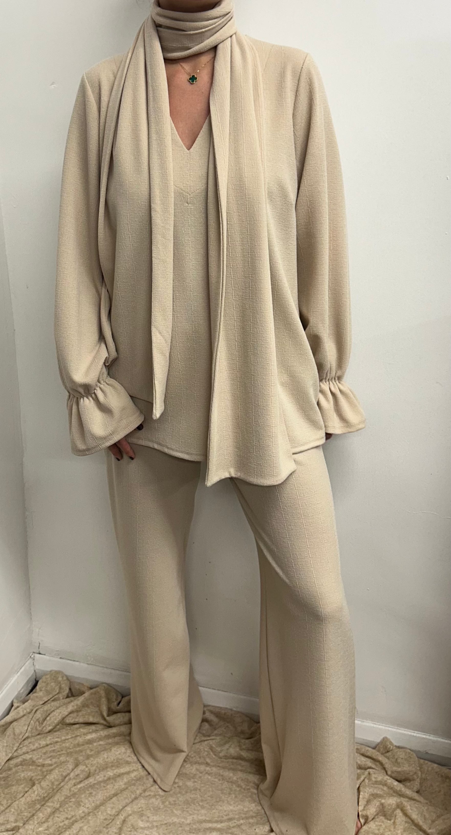 Cream V Neck Oversized Scarf Lounge Suit
