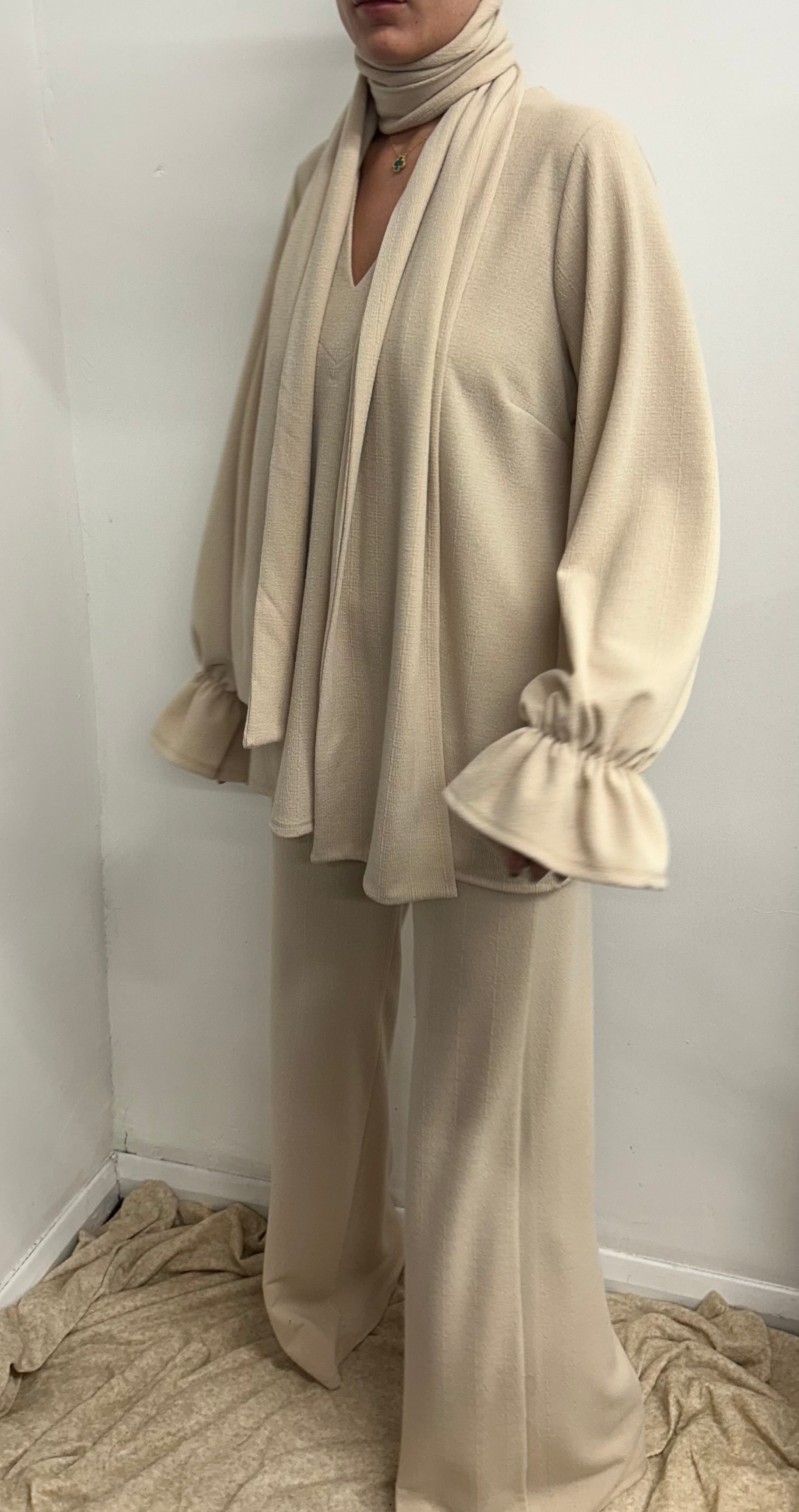 Cream V Neck Oversized Scarf Lounge Suit