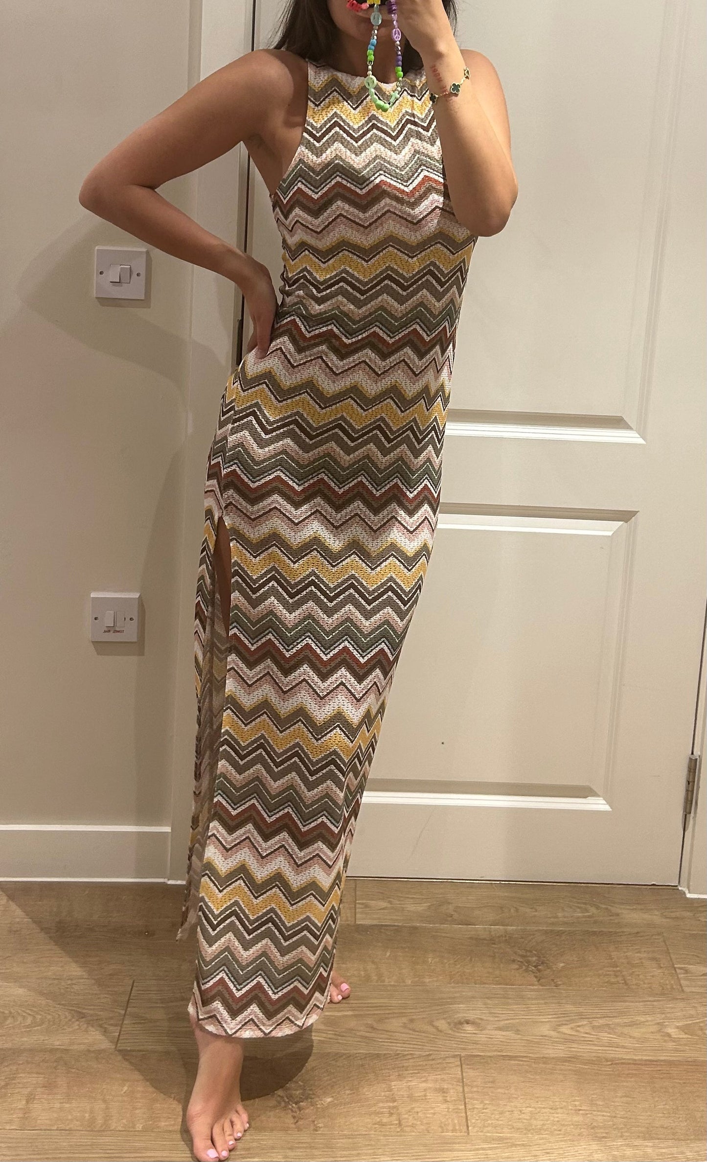 Zig Zag Print Split Maxi Dress
