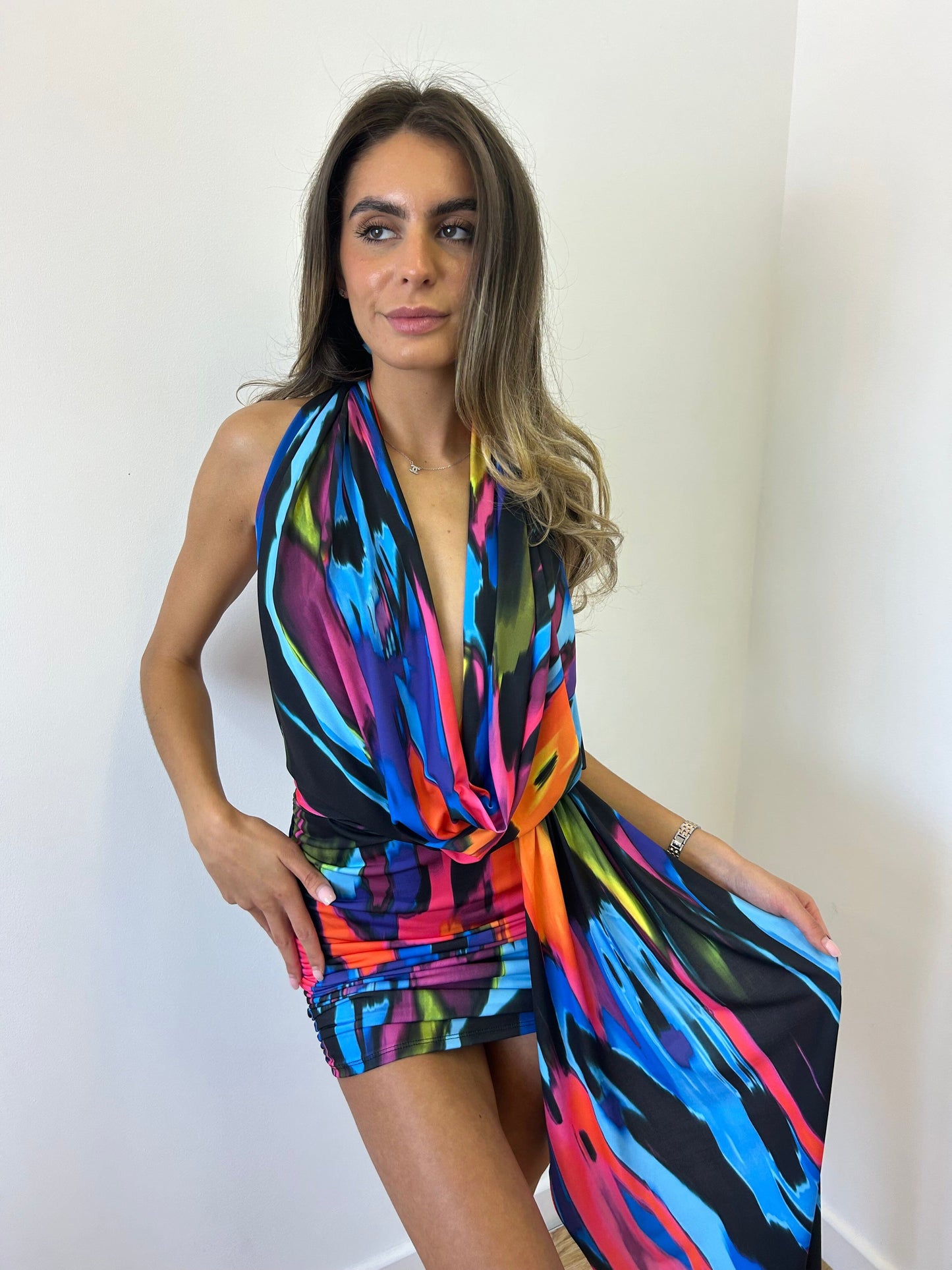 Black Splash Print Halterneck Drape Detail Dress
