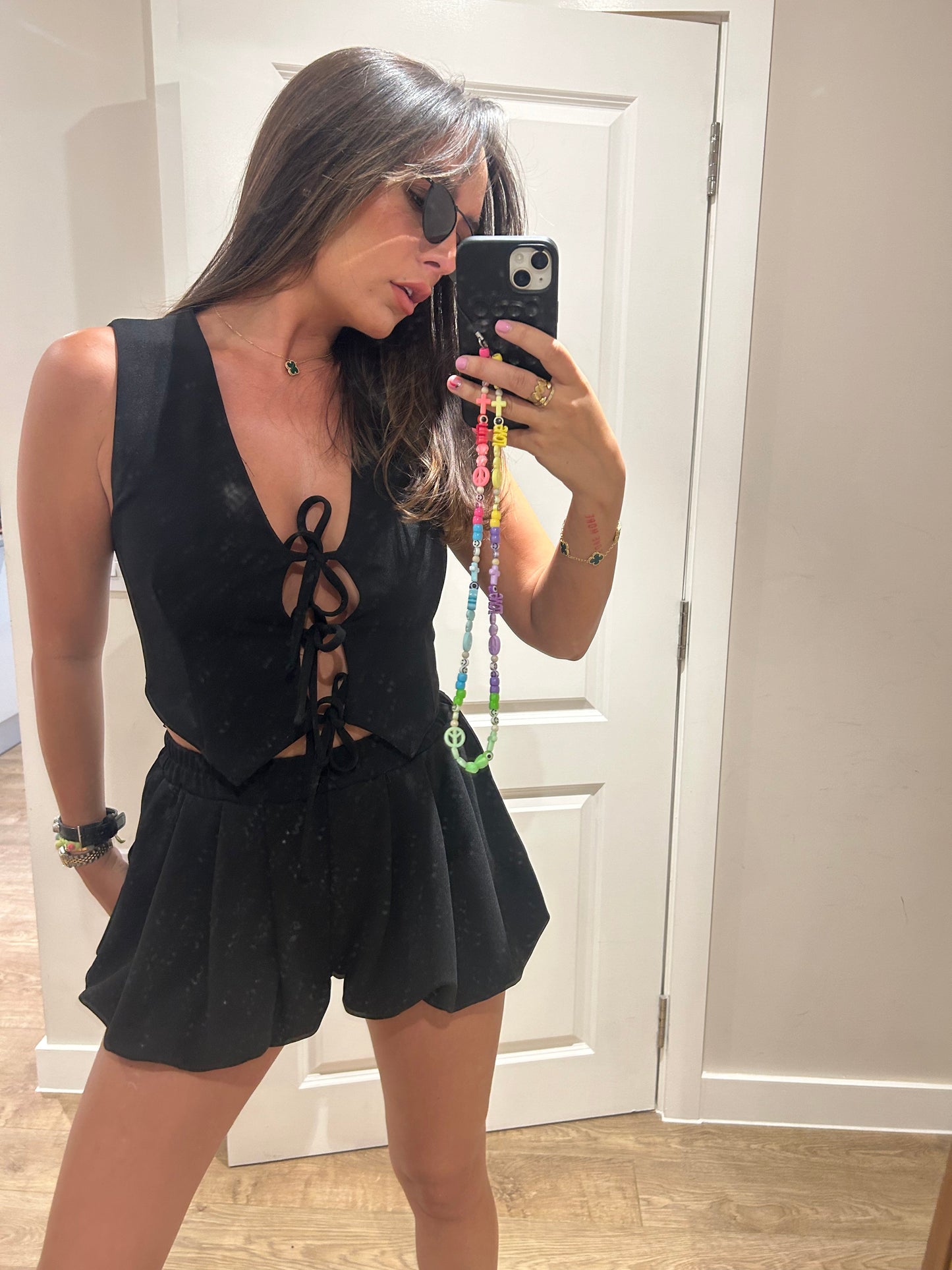 Black Tie Up Waistcoat And Puffball Shorts Set