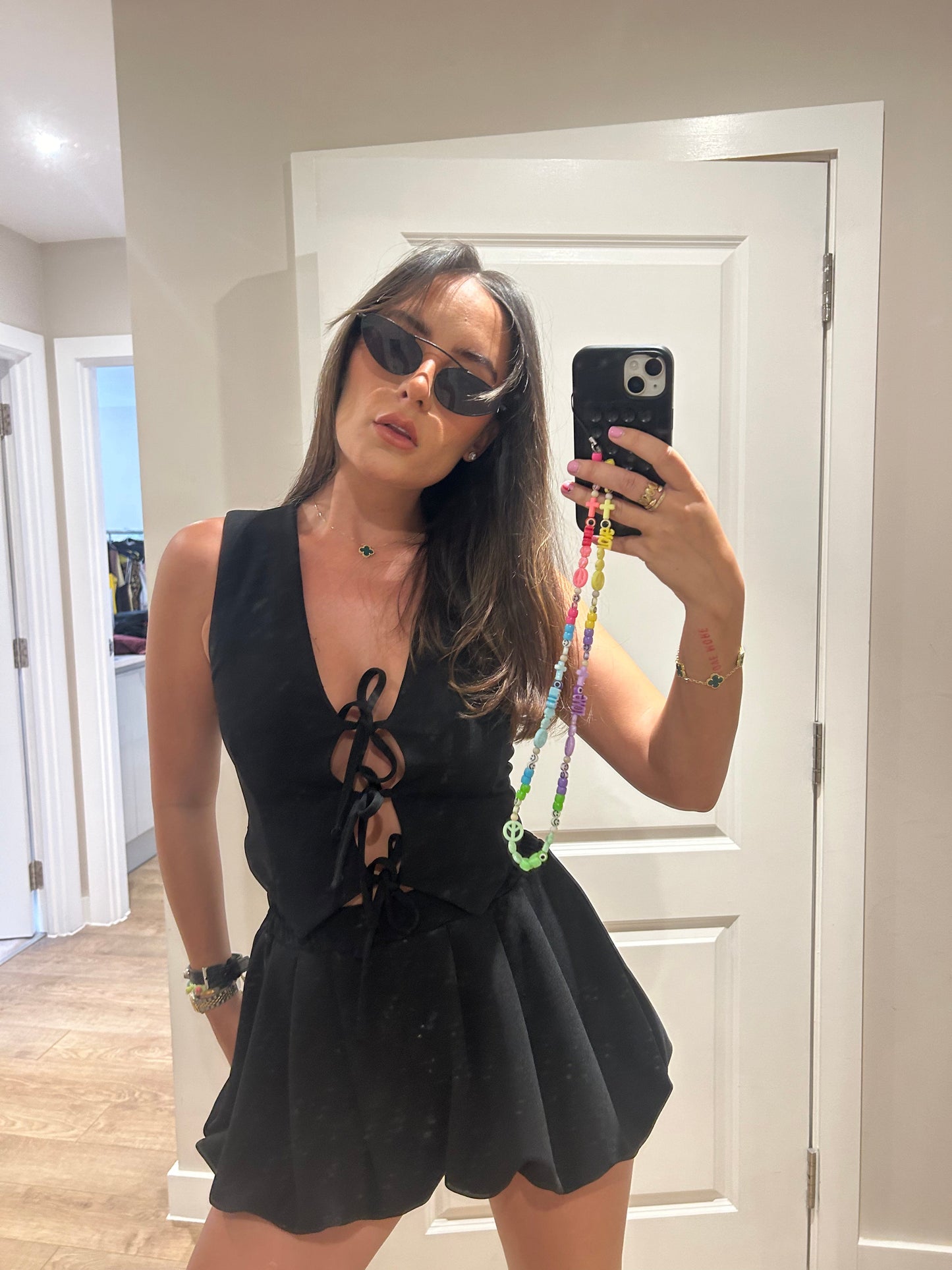 Black Tie Up Waistcoat And Puffball Shorts Set