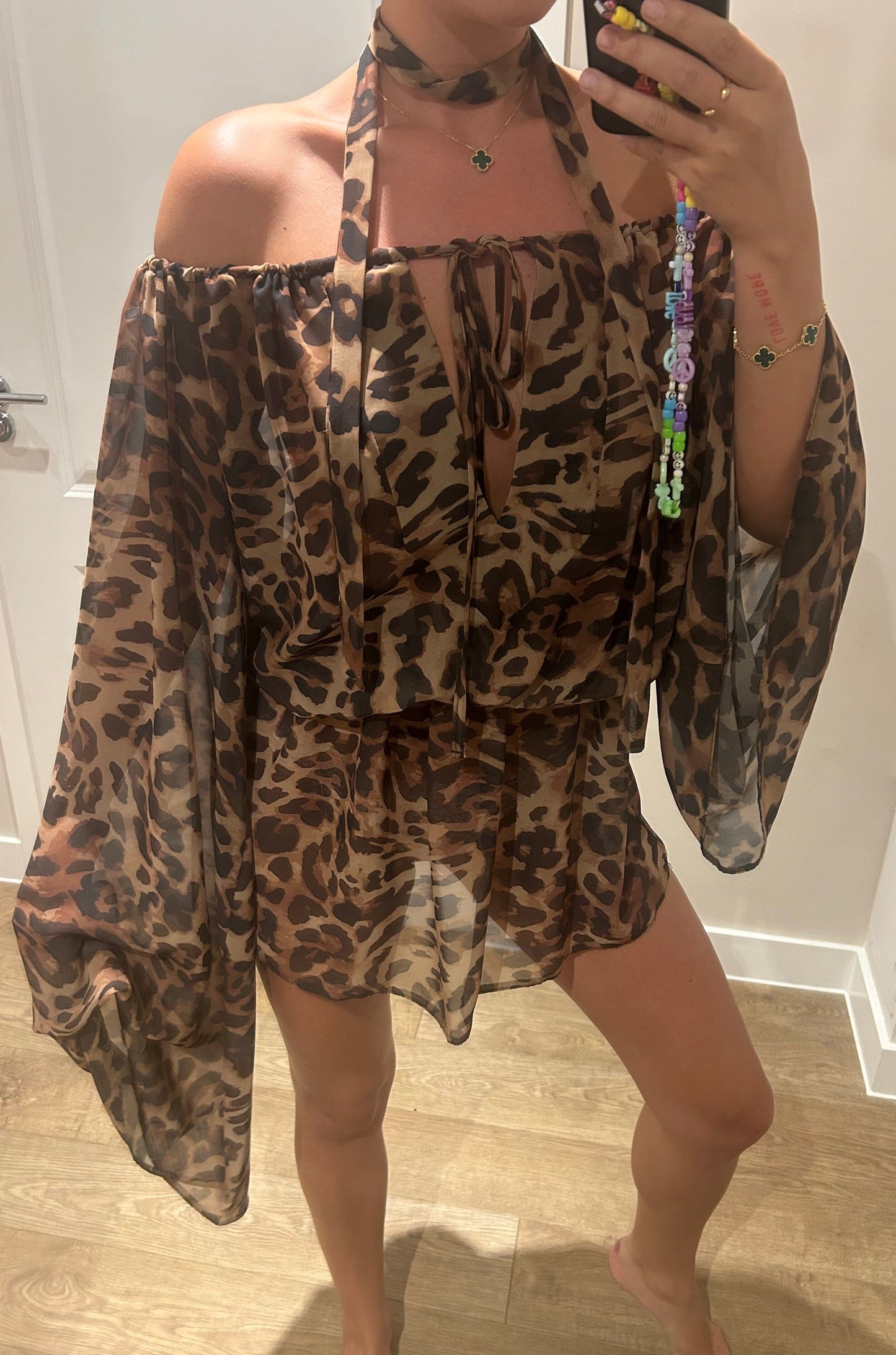 Leopard Chiffon Off Shoulder Extreme Sleeve Mini Dress