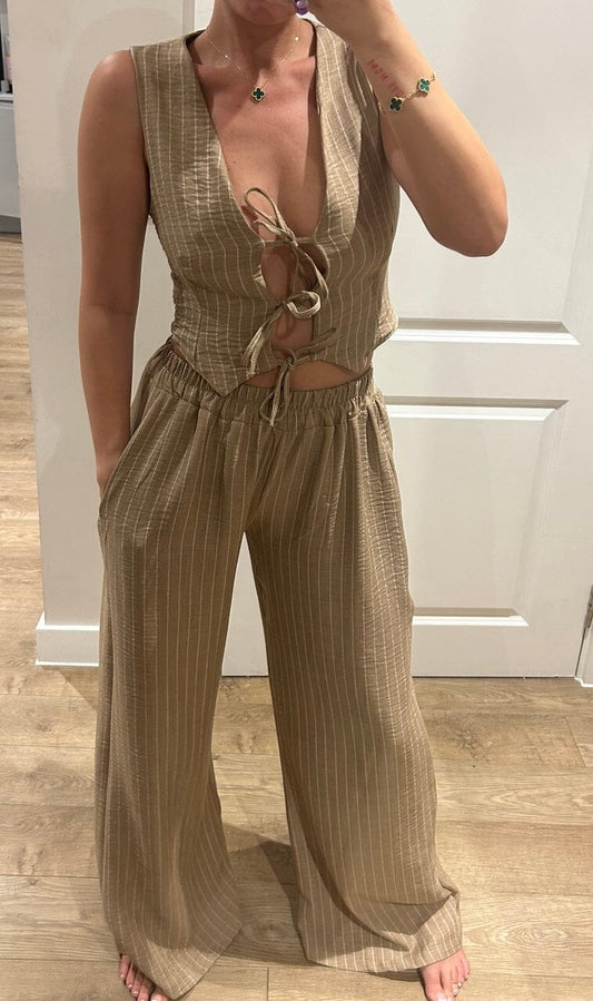 Camel Stripe Tie Up Waistcoat Trouser Suit