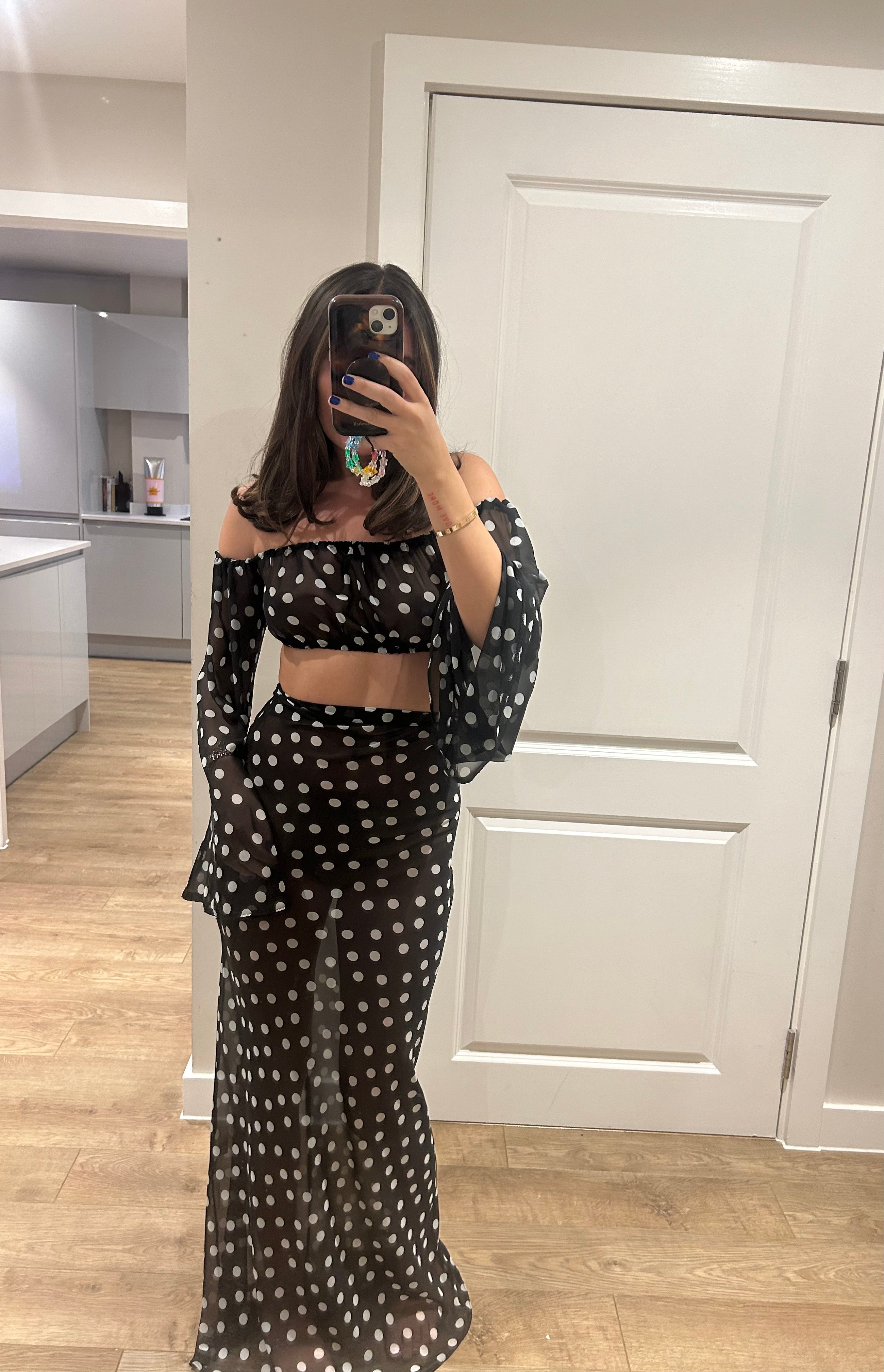 Black White Polka Dot Crop Top And Maxi Skirt John Zack