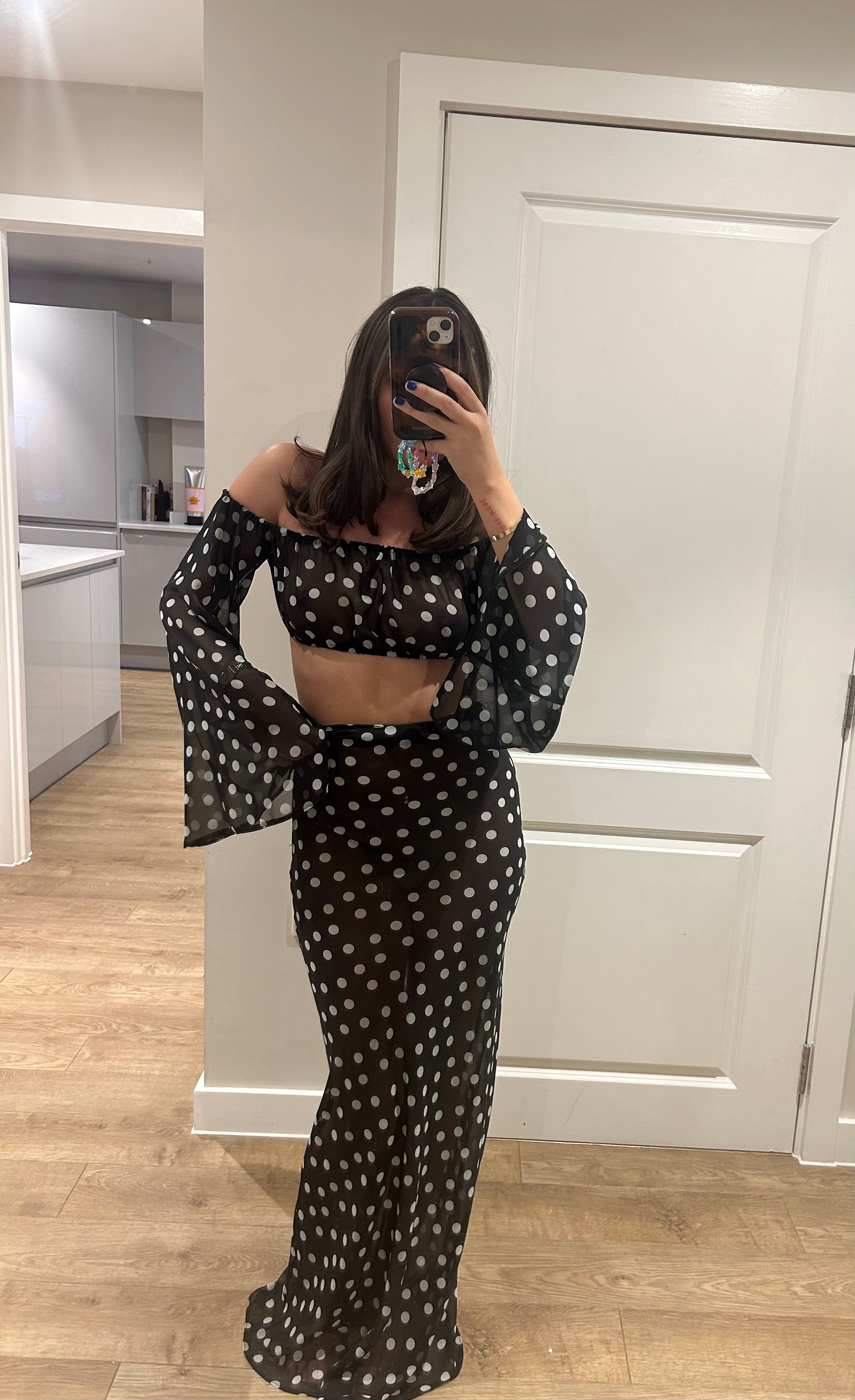 Black White Polka Dot Crop Top And Maxi Skirt John Zack