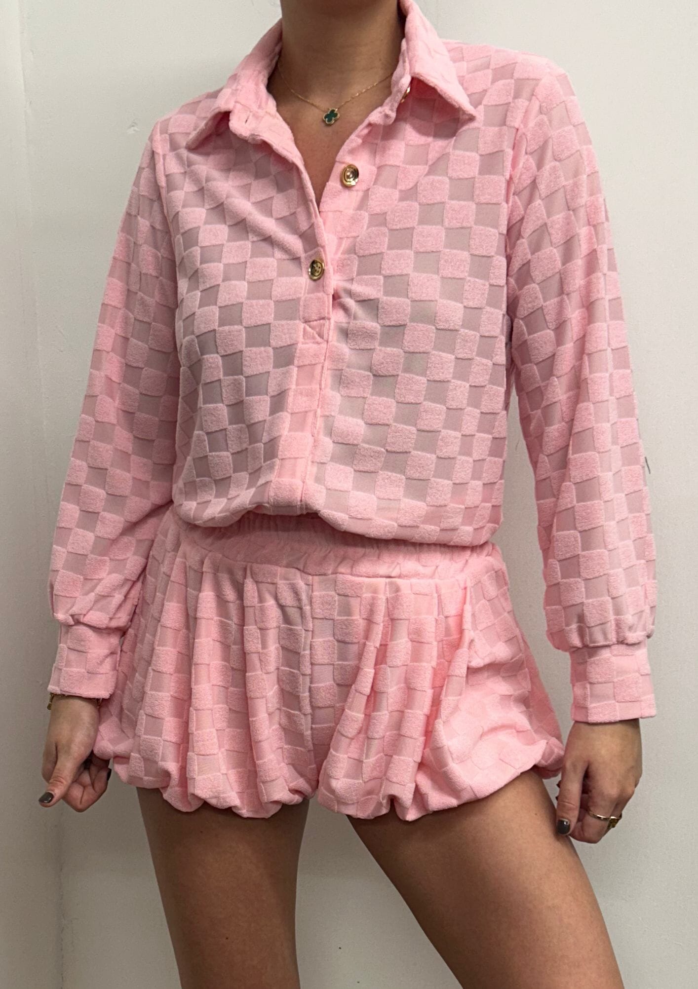 Baby Pink Towelling Square Print Shirt And Bloomer Shorts Suit