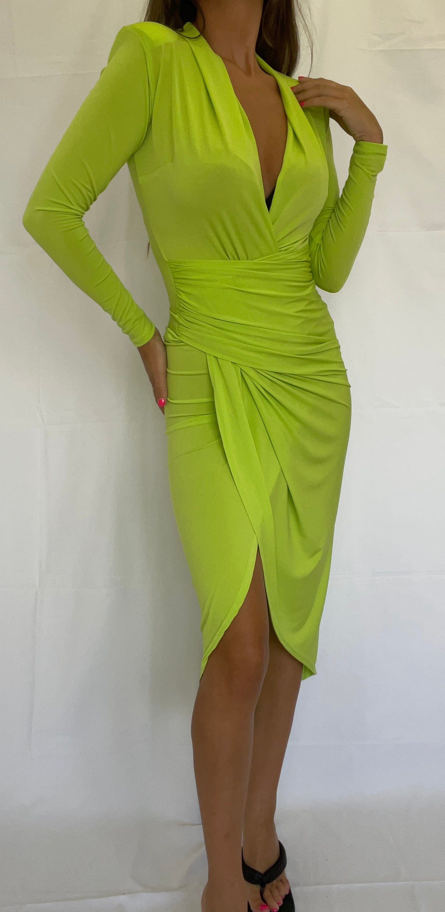 Neon Green Wrap Midi Dress John Zack Neon Green Wrap Midi Dress John Zack