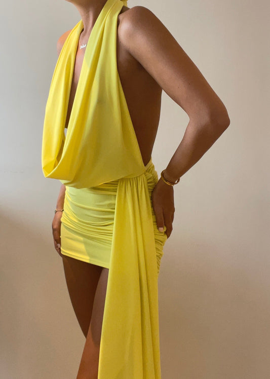 Yellow Halterneck Drape Detail Dress