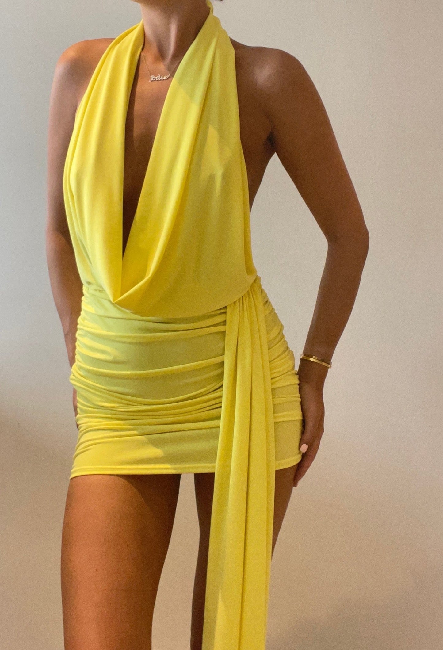 Yellow Halterneck Drape Detail Dress
