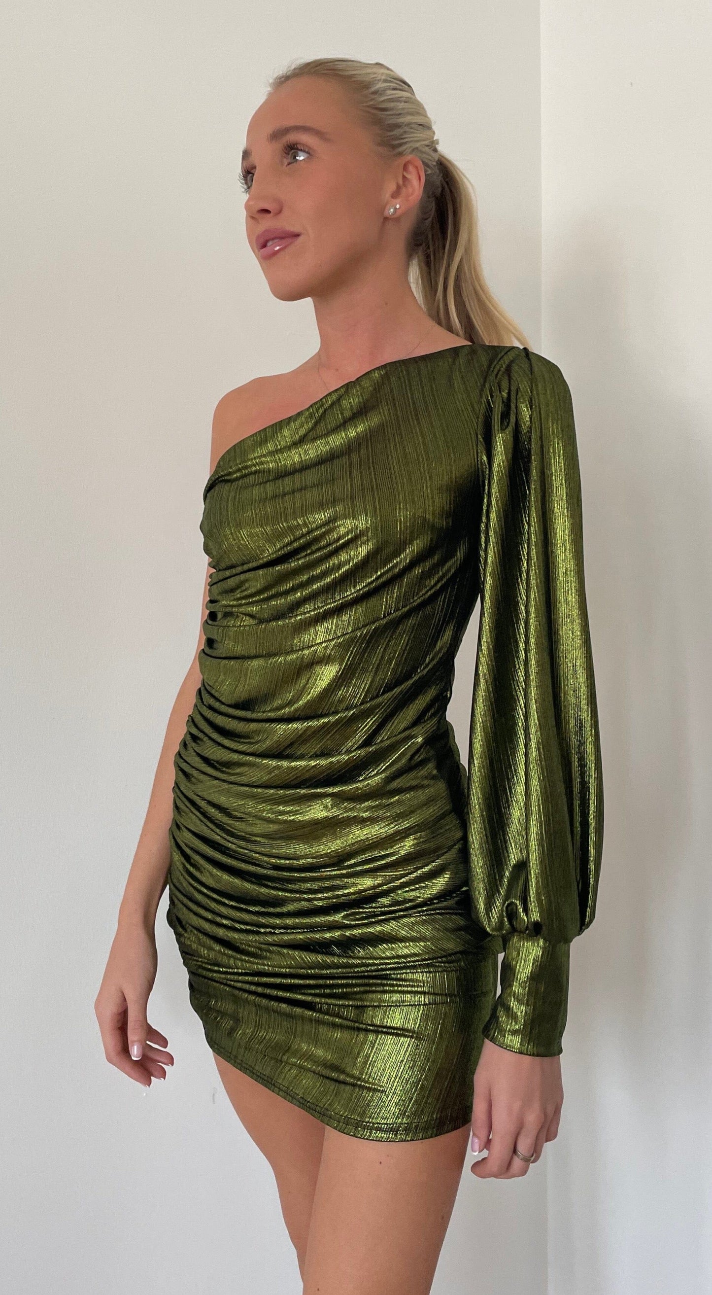 Green Ruch Metallic Foil Dress John Zack Green Ruch Metallic Foil Dress John Zack