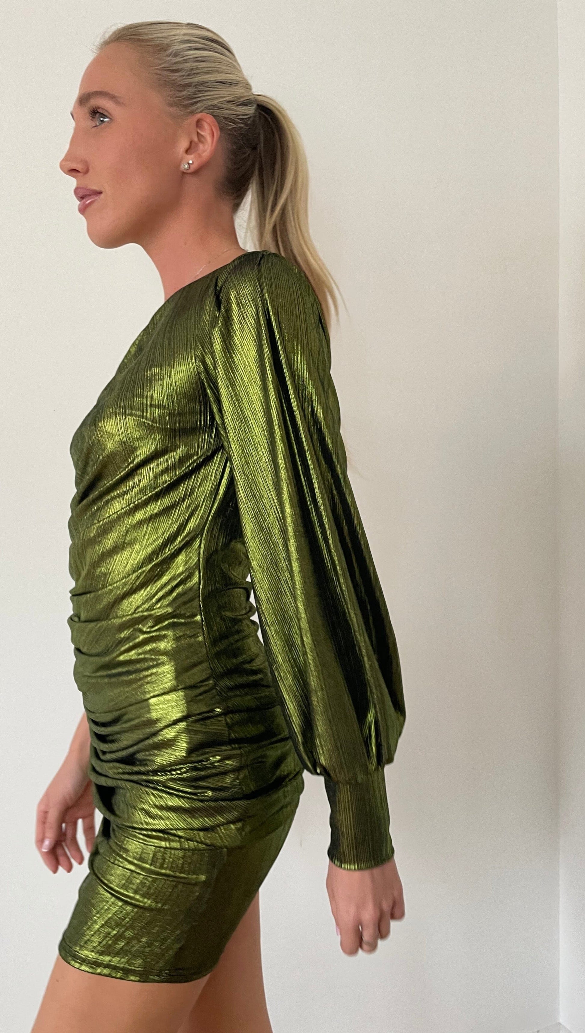 Green Ruch Metallic Foil Dress John Zack Green Ruch Metallic Foil Dress John Zack