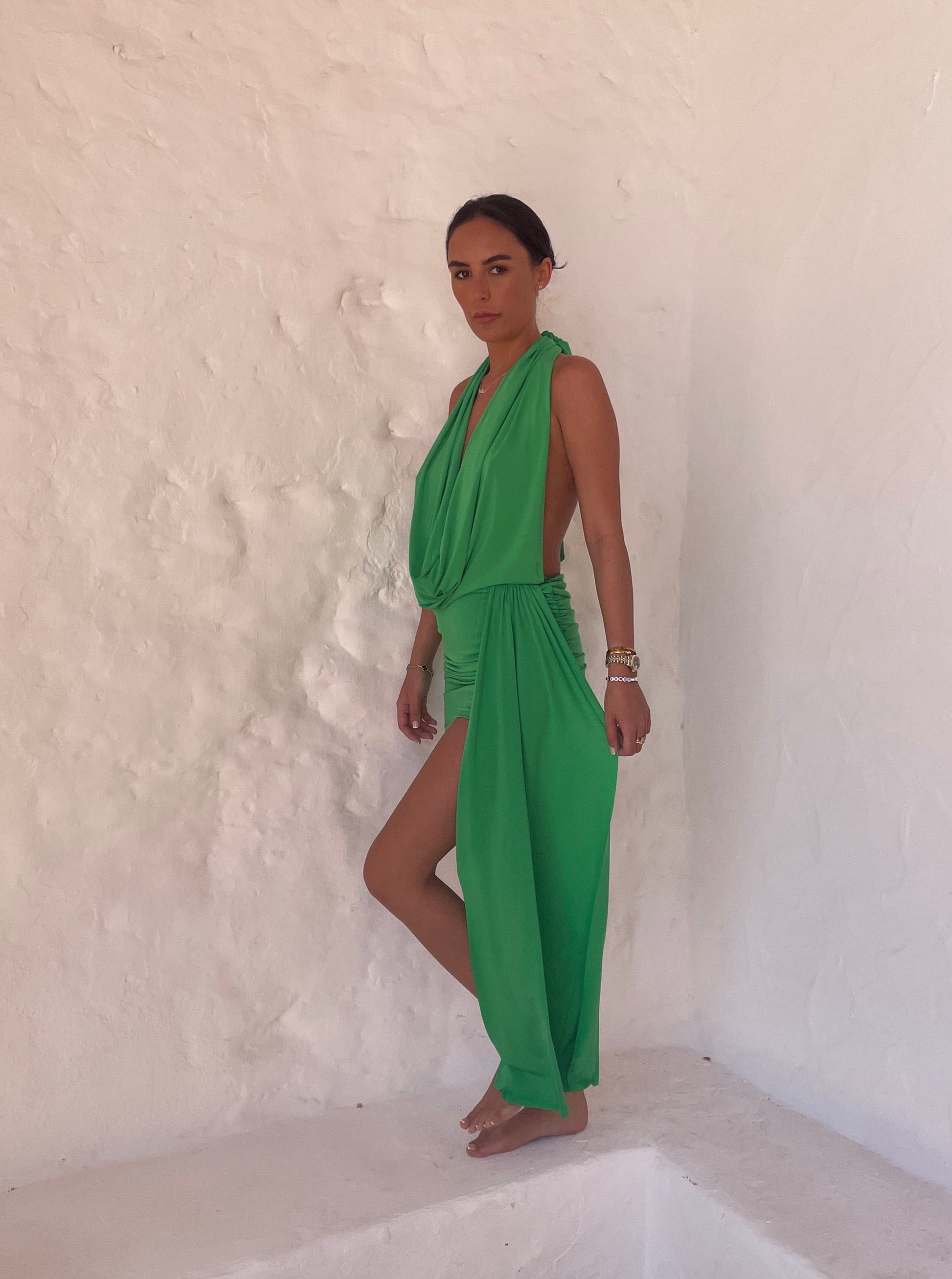 Jade Green Halterneck Drape Detail Dress