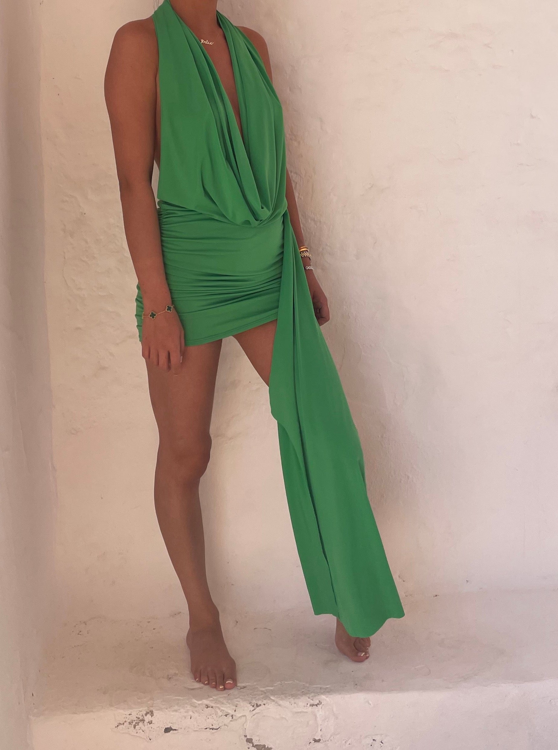 Jade Green Halterneck Drape Detail Dress