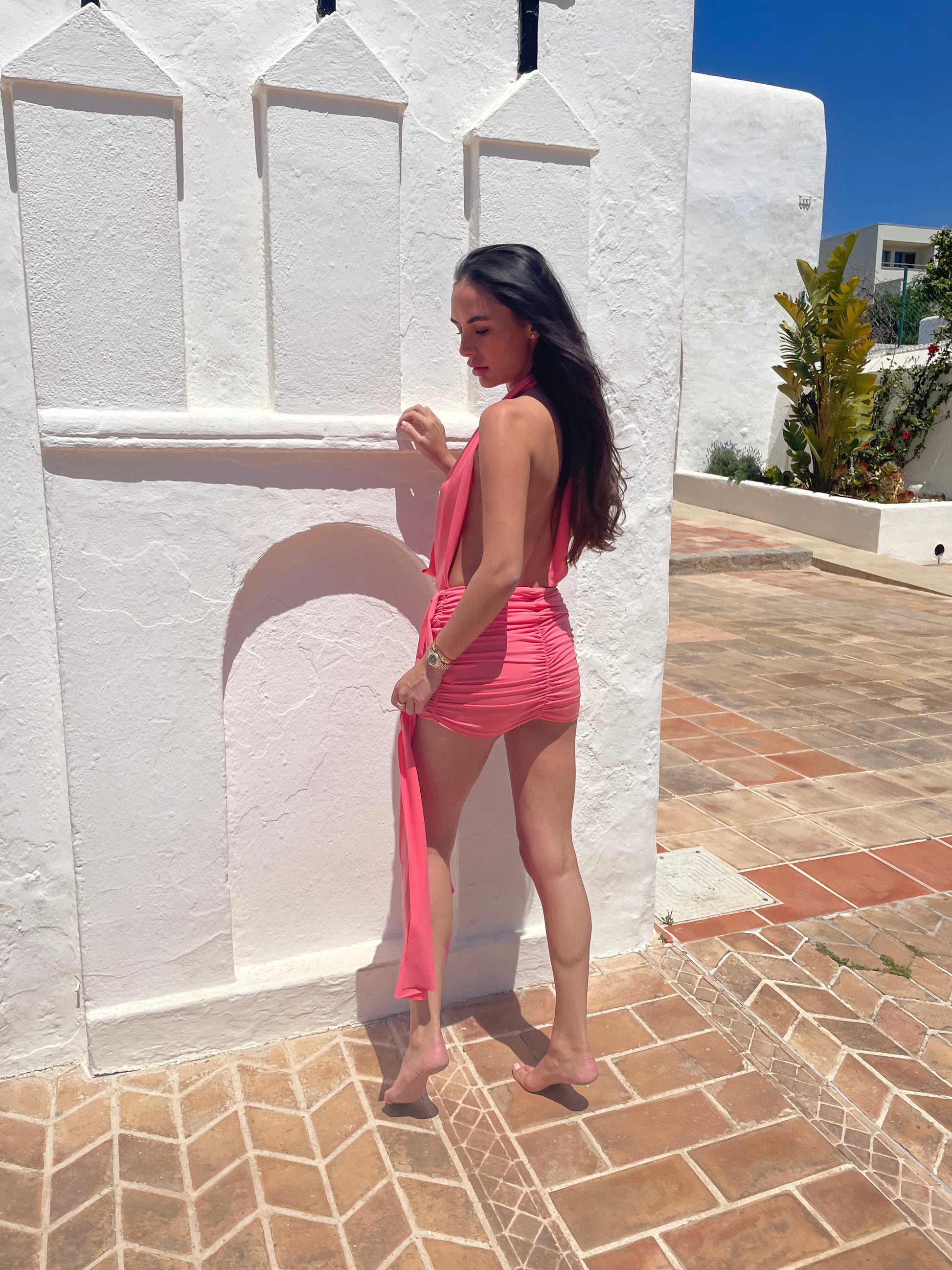 Coral Halterneck Drape Detail Dress