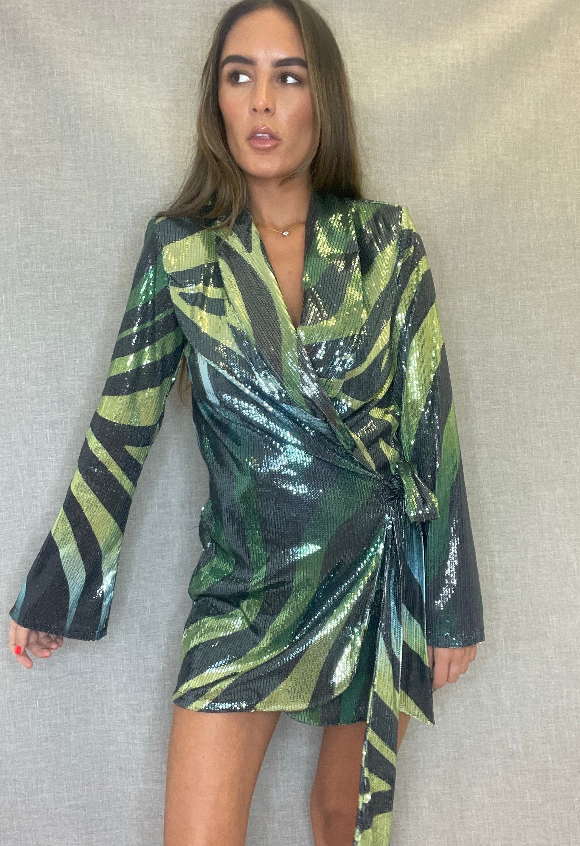 Green Tiger Print Sequin Wrap Blazer Dress John Zack Green Tiger Print Sequin Wrap Blazer Dress John Zack